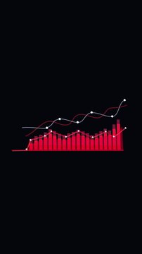 Red Bar Chart and Wavy Lines with White Dots on a Dark Background graph data. Moving red bars with white dots on dark graph background, optimized vertical video for finance or tech content.