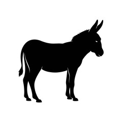 Obraz premium Silhouette of a donkey standing in profile, facing right, with its ears perked up against a plain, white background.