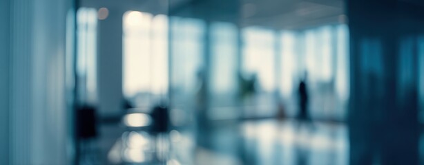 The blurred office interior with silhouetted figure and soft natural light