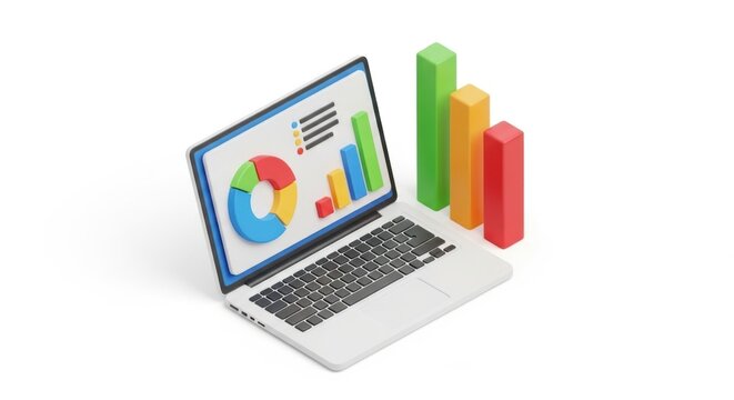 Laptop displaying financial charts and graphs isolated on white background isolated on transparent background