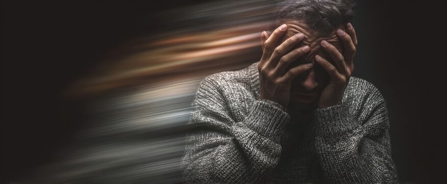 The person covering their face in dim studio light with motion blur