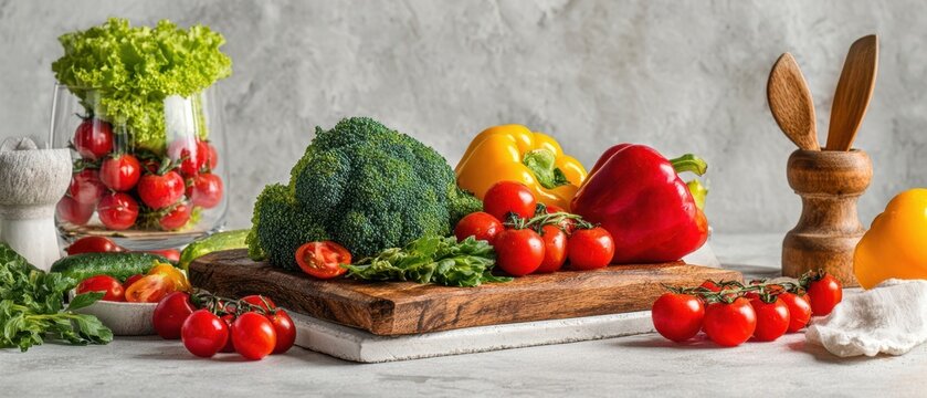 The Fresh Vegetables on a Rustic Cutting Board with Cherry Tomatoes and Peppers