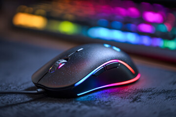 Wired gaming mouse with colorful rgb lighting resting on a dark textured surface in front of a vibrant backlit keyboard in a low light environment