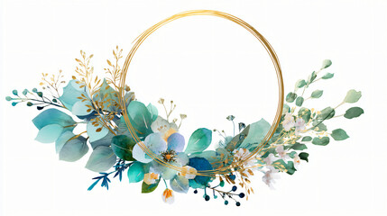 Watercolor floral wreath with gold frame isolated on white background