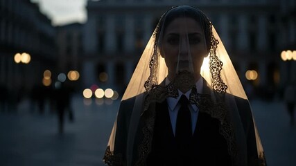 Somber Woman in a Traditional Spanish Mantilla Veil Backlit by City Lights.