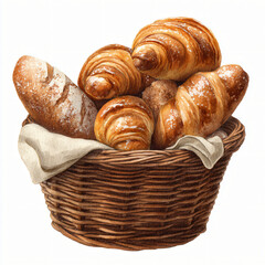 Watercolor painting of a basket filled with freshly baked croissants isolated on white background