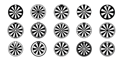 A collection of fifteen black and white circular wheels with radial patterns design