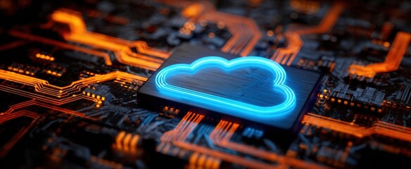 The Cloud Icon Illuminated on Circuit Board Representing Digital Data Storage and Connectivity