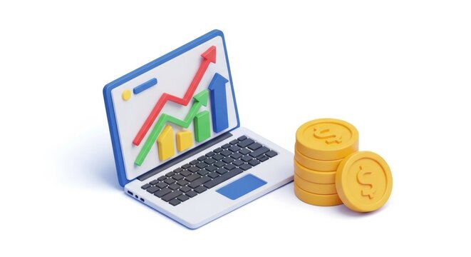 Laptop with financial graph and stack of gold coins isolated on white background isolated on transparent background