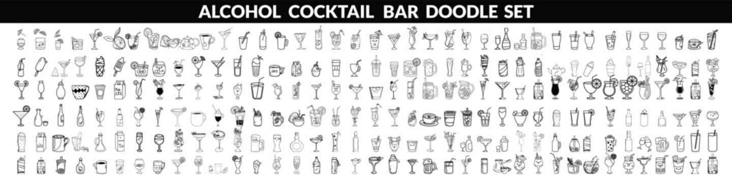 Alcohol cocktail bar doodle set, vector hand drawn beverages party illustration, champagne glasses. Waiter arm with tray, bartender preparing drinks, gin bottle menu line icon. Cocktail big  set .