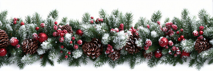 Christmas garland with pine cones, red berries and snow isolated on white background