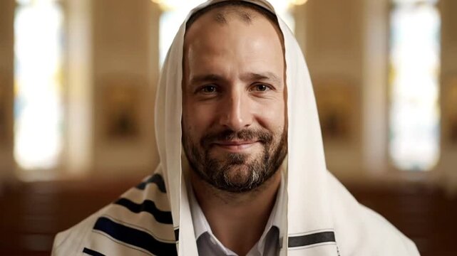 Smiling Jewish Man in Tallit, Traditional Prayer Shawl, Looking at Camera