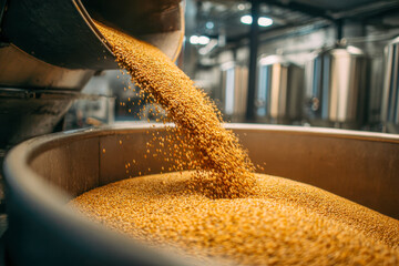 Golden barley grains pouring into a large container inside a brewery production facility with stainless steel fermentation tanks in the background