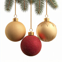 Three christmas ornaments hanging from a pine branch isolated on white background