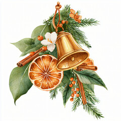 Watercolor christmas bell with orange slice isolated on white background