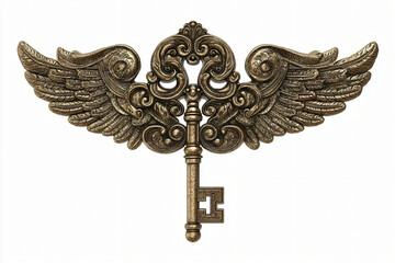 Ornate golden key with wings isolated on white background, symbol of freedom
