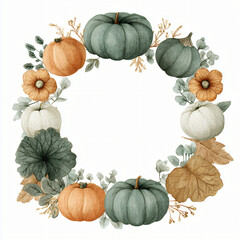 Watercolor autumn wreath with pumpkins, flowers and leaves isolated on white background