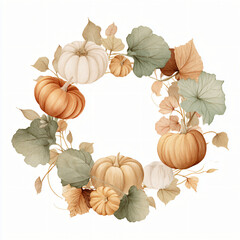 Watercolor autumn wreath with pumpkins and leaves isolated on white background
