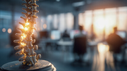 Medical spine model illuminated by warm light in a modern office setting focusing on anatomy and health education with blurred background of professionals working