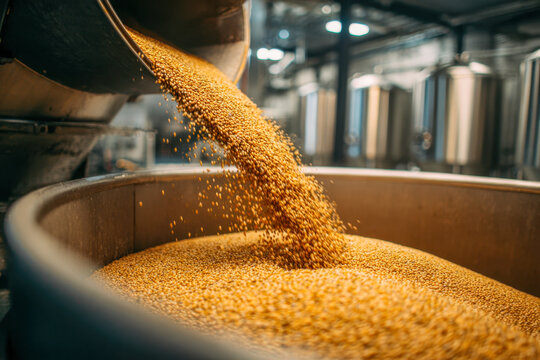 Golden barley grains pouring into a large container inside a brewery production facility with stainless steel fermentation tanks in the background - Powered by Adobe