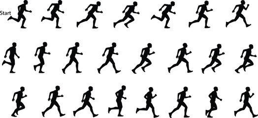 Naklejka premium Athlete Running Cycle Sprite Sheet Animation Frames Silhouettes Vector Illustration, Isolated Black Male Runner Character Motion Graphics Digital Game Asset, Stride Poses Loopable Sequence