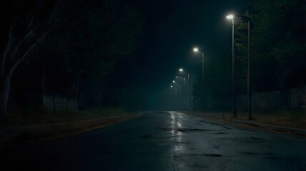 Empty Dark Road at Night with Streetlights and Fog, Moody Scene