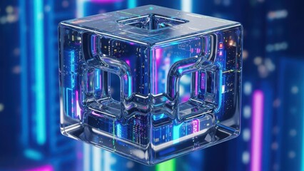 Futuristic translucent cube with glowing neon lights and abstract digital background