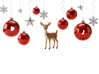 Christmas decoration bauble with a festive reindeer and red ribbon design, surrounded by winter snowflakes and gold accents for the new season celebration