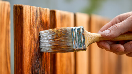 Hand holding a paintbrush applying protective stain on wooden fence panels to enhance the natural grain and weather resistance outdoors on a sunny day