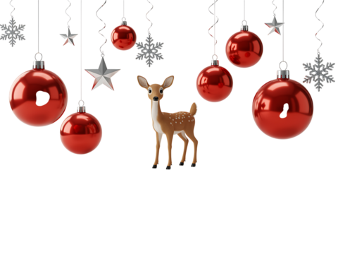Christmas decoration bauble with a festive reindeer and red ribbon design, surrounded by winter snowflakes and gold accents for the new season celebration