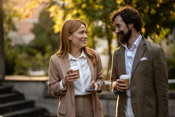 Business people talking and smiling outdoors during coffee break