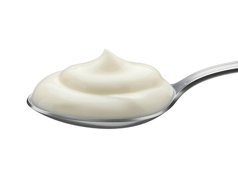 Silver metal teaspoon with cream and yogurt isolated on white background