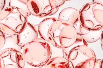 Pink translucent spheres with visible internal bubbles floating in liquid, perfect for skincare advertising, clean scientific illustrations, and soft modern background design