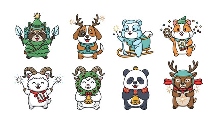 Festive Animal Collection: An adorable set of cartoon animals, each adorned in holiday attire and celebrating the festive season with joy. 