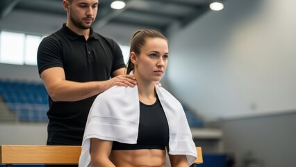 Female athlete receiving massage from male therapist in gym setting