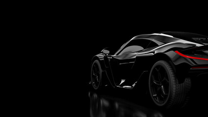 Sleek Black Supercar Rear Side View in Studio Darkness: Power, Performance, and High-Speed Luxury Concept