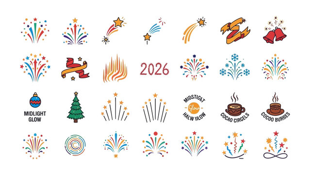 2026 Celebration Icons: A vibrant collection of celebratory icons, symbols, and graphics representing a variety of festive occasions and celebrations. The graphics are designed with a clean.