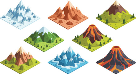 A detailed collection of diverse isometric mountain and volcano landscapes, including cold snowy peaks, lush tropical green hills, arid desert terrain, and dramatic active lava eruptions, perfect for