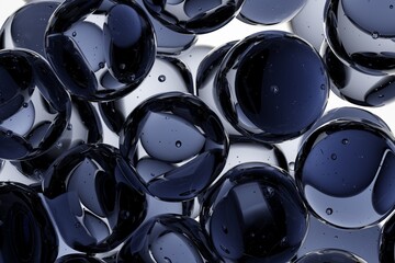 Reflective dark blue abstract spheres with smooth surfaces and light highlights, ideal for tech branding, modern digital interfaces, and elegant futuristic background visuals