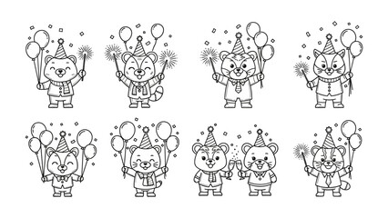 Festive Animal Cartoon Characters: Whimsical illustrations depict a joyful gathering of cartoon animals, each holding balloons and sparklers, adorned in party hats, radiating pure joy.