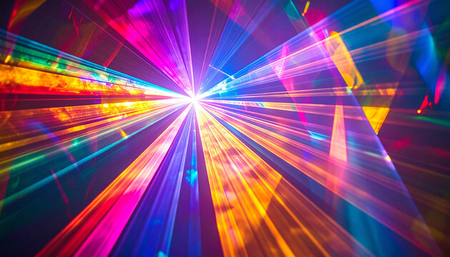 Vibrant prism light show with colorful beams and refractions, dynamic abstract background