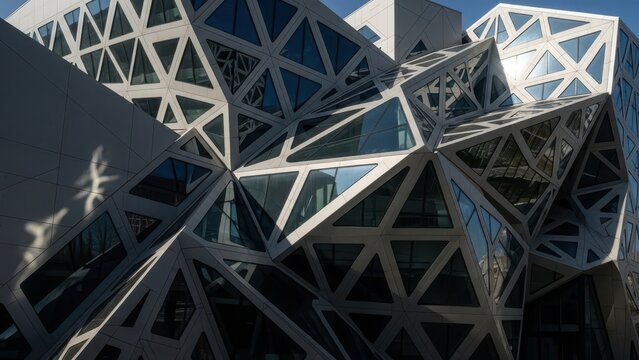 Modern architectural marvel featuring geometric facade and reflective glass surfaces