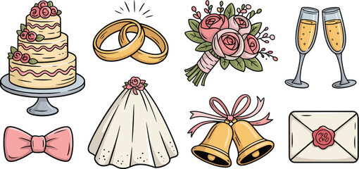Comprehensive wedding celebration icon set featuring golden marriage rings, champagne flutes, pink floral bridal bouquet, cake, veil, bow tie, bells, and invitation envelope illustration, perfect for