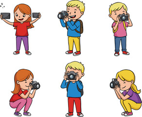 Happy Kids Photography Vector Illustration Set Featuring Children Holding Digital Cameras and Smartphones While Taking Photos and Selfies with Enthusiasm