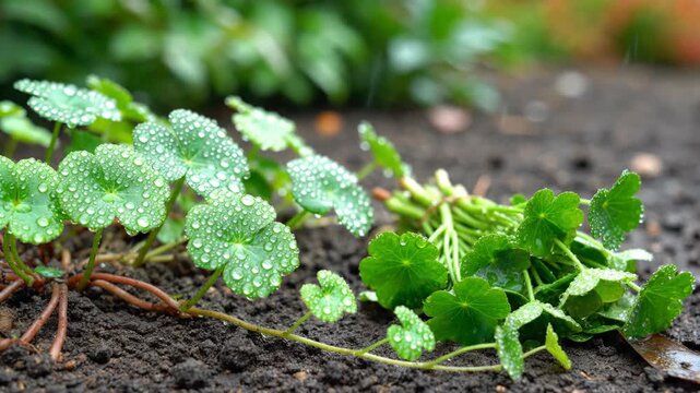 Dewkissed Asiatic pennywort glistens on soil A tied bundle of the herb lies nearby