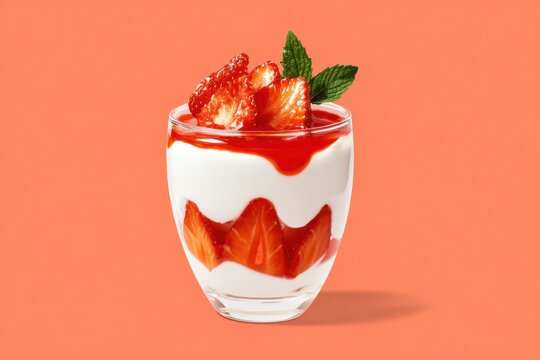 Strawberry cream dessert in a clear glass cup topped with fresh strawberries and red syrup drizzle, showcasing minimal bright colors and a delightful presentation with copy space