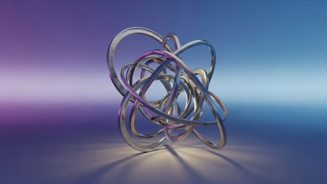 Intricate metallic sculpture with flowing curves against a gradient purple and blue background