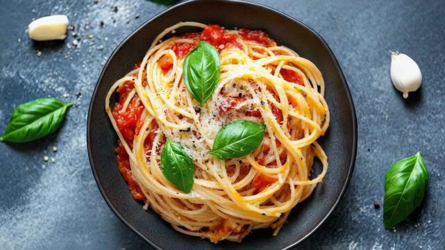 Video A plate of spaghetti served with tomato sauce and fresh basil leaves, perfect for a quick meal or special occasion