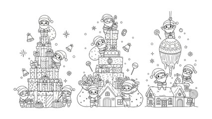 Santa's Festive Presents: Charming illustrations of festive elves and Santa Claus preparing and delivering an array of beautifully wrapped gifts.