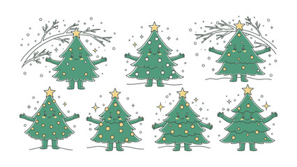 Fototapeta premium Animated Christmas Trees: A collection of charming cartoon Christmas trees, each adorned with twinkling lights and a cheerful star, set against a delicate snowy backdrop.